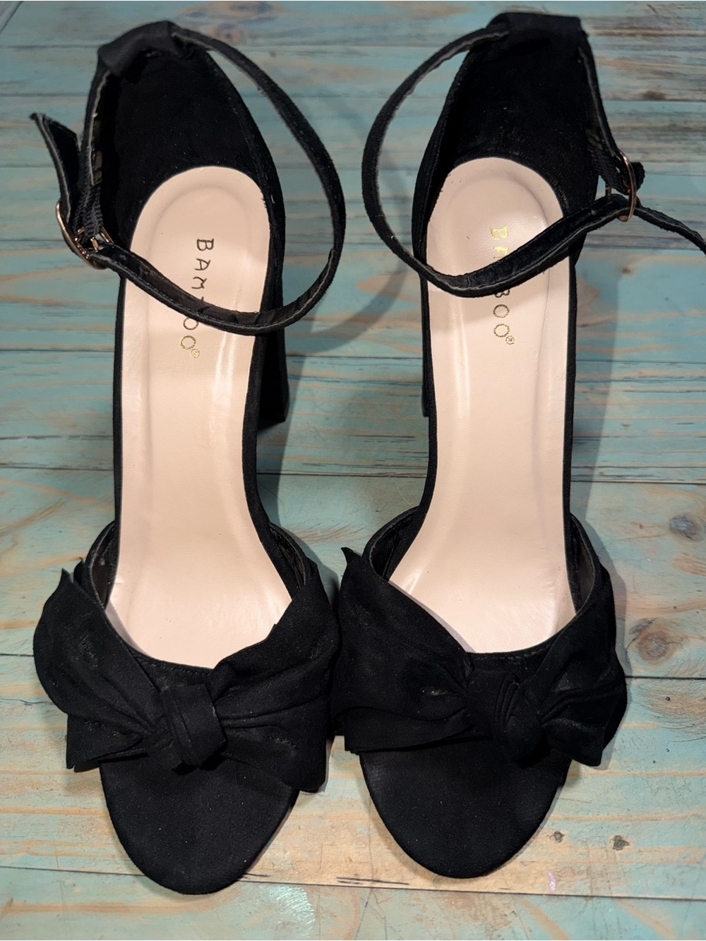 BAMBOO Black Ankle-Strap Bow Heels